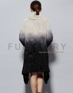 Real Knitted Rabbit Fur Long Coat Two-wear Trench Coat Gradient Color Pattern Overcoat Winter' Dress Furstory FS13067