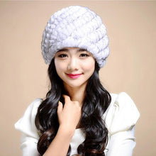 Load image into Gallery viewer, Women Knitted Real REX Rabbit Fur Hat Skullies Beanie Headgear 060108