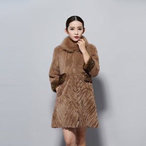 Women's Natural Rex Rabbit Fur Coats with Real Fox Fur Collar and Lamb Cuff Coat Female