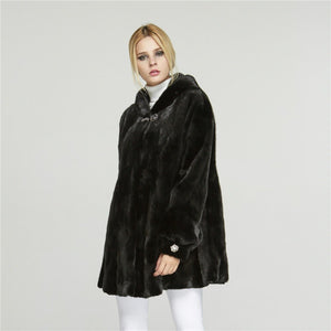 Fur Story FS18121 Women's Genuine Mink Fur Long Fur Coat with Fur Hood Winter Warm Jacket