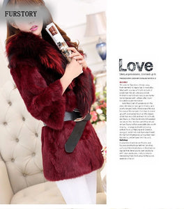 Natural Rabbit Fur Coat Jacket Real Raccoon Dog Fur Collar Trim Thick Jacket