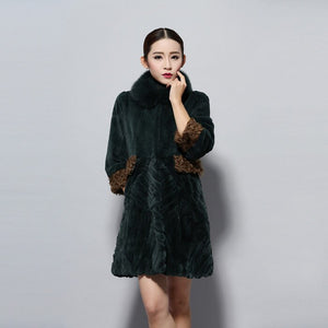 Women's Natural Rex Rabbit Fur Coats with Real Fox Fur Collar and Lamb Cuff Coat Female
