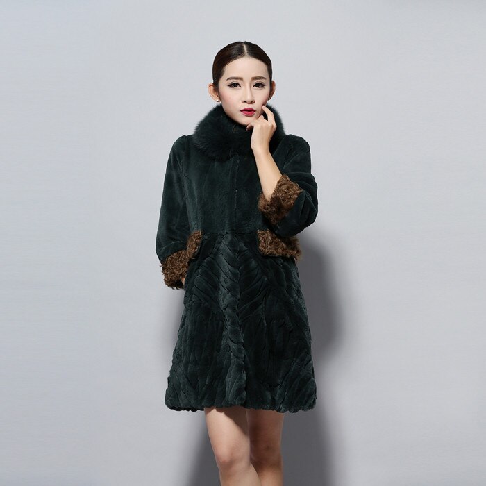 Women's Natural Rex Rabbit Fur Coats with Real Fox Fur Collar and Lamb Cuff Coat Female