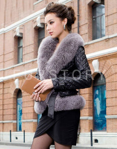 Genuine Leather Coat Jacket Real Fox Fur Collar Trim Thick Jacket Winter Overcoat Garment