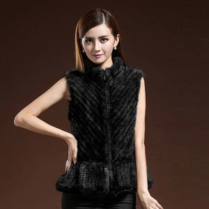 Women Vest Real Mink Fur Twill Stripes Skirt Hem Knitted 15269