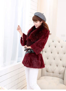 Natural Rabbit Fur Coat Jacket Real Raccoon Dog Fur Collar Trim Thick Jacket