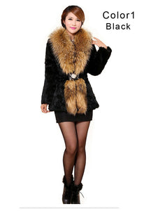 Natural Rabbit Fur Coat Supper Big Raccoon Fur Collar Women Overcoat