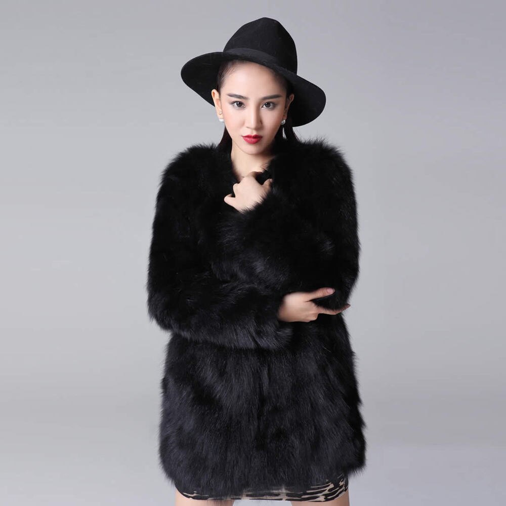 Women's Natural Fox Fur Coat Winter Full Sleeve Long Fox Fur Big Patches Real Fur Coat Female