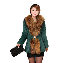 Load image into Gallery viewer, Natural Rabbit Fur Coat Supper Big Raccoon Fur Collar Women Overcoat