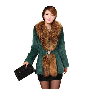 Natural Rabbit Fur Coat Supper Big Raccoon Fur Collar Women Overcoat