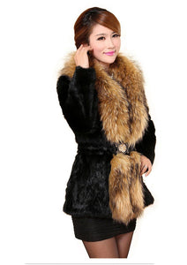 Natural Rabbit Fur Coat Supper Big Raccoon Fur Collar Women Overcoat