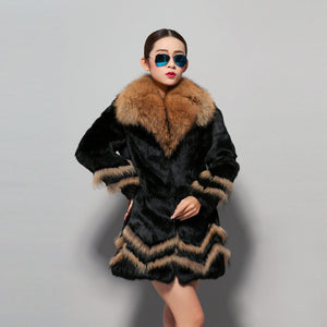 Natural Rabbit Fur Coat Supper Big Raccoon Fur Collar Women Overcoat Winter Outwear