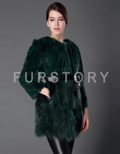 Women's Real Fur Coat Rabbit Fur Coats with Raccoon Hem Jacket