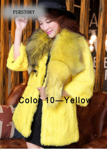 Natural Rabbit Fur Coat Jacket Real Raccoon Dog Fur Collar Trim Thick Jacket