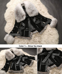 Genuine Leather Coat Full Pelt Fox Fur Collar Collar and Sleeve Cuff Jacket