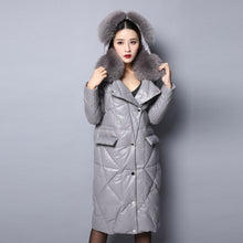 Load image into Gallery viewer, Real Sheep Leather Down Coat for Women Winter Long Overcoat Hood Jackets 151245