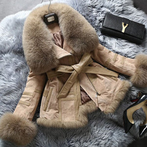 Genuine Leather Coat Full Pelt Fox Fur Collar Collar and Sleeve Cuff Jacket