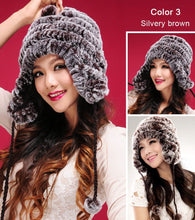 Load image into Gallery viewer, Real knitted Rex rabbit fur hat Beanie skullies cap ear muff earwarmer 060123