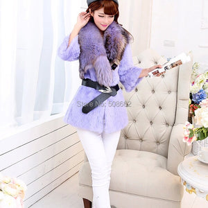 Natural Rabbit Fur Coat Jacket Real Raccoon Dog Fur Collar Trim Thick Jacket