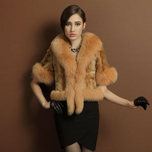 Natural Mink Coat Female with Big Fox Fur Collar Winter Jacket Women 15116