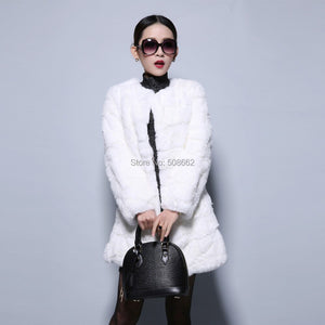 natural Rabbit Fur Coat Full Sleeve Overcoat Women Outerwear Winter 110cm Length