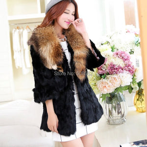 Natural Rabbit Fur Coat Jacket Real Raccoon Dog Fur Collar Trim Thick Jacket