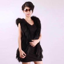 Load image into Gallery viewer, Long Women&#39;s Knitted Natural Rabbit Fur Vest Raccoon Fur Collar Hood Trim