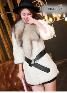 Natural Rabbit Fur Coat Jacket Real Raccoon Dog Fur Collar Trim Thick Jacket