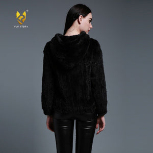 Women's Genuine Knitted Mink Fur Coat with Hood Winter jacket Women 15131