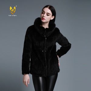 Women's Knitted Mink Fur Coat Women Big Collar Zipper Winter jacket 15199