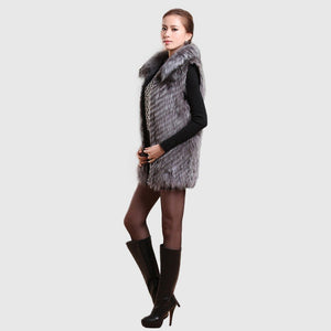 Silver Fox Fur Vest with Fur Collar Waistcoat Long Jacket Winter Overcoat  Women Dress