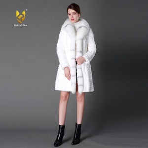 Women's Genuine Rabbit Fur Coat Genuine Fox Fur Collar Long Overcoat 15130