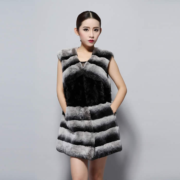 Natural Rex Rabbit Fur Vest Fashion Warmer Outerwear Sleeveless Women Long Coat