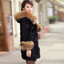 Load image into Gallery viewer, Woman&#39;s  Real Rabbit Fur Coat Raccoon Fur Collar &amp; Cuff Hood Overcoat   010129L