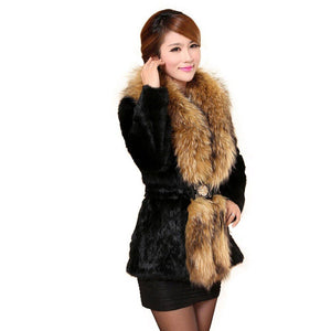 Natural Rabbit Fur Coat Supper Big Raccoon Fur Collar Women Overcoat