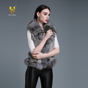 Natural Rabbit Fur Vest Big Fox Fur Collar Jacket Coat