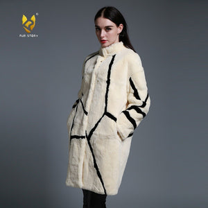 Women's Natural Fur Coat Contrast Color Real Rex Rabbit Fur Coats  161212