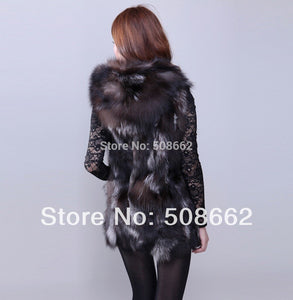 Women Hood Silver Fox Fur Vest Long Waistcoat Jacket Coat Garment