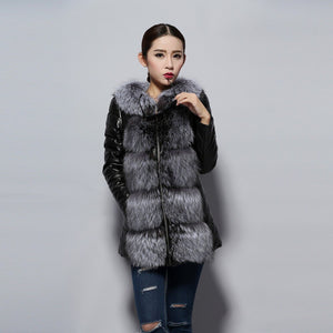 Genuine Sheep Leather Down Jacket Fox Fur Collar Luxury Thick Fur Jacket Winter Overcoat 14153