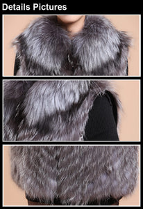 Silver Fox Fur Vest with Fur Collar Waistcoat Long Jacket Winter Overcoat  Women Dress