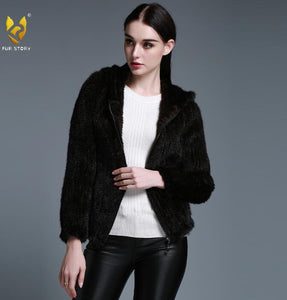 Women's Genuine Knitted Mink Fur Coat with Hood Winter jacket Women 15131