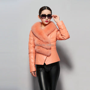Genuine Sheep Leather Down Jacket Fox Fur Collar Thick Jacket Winter Overcoat