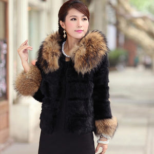 Women's Warm Winter Coat Real Rabbit Fur Coat Raccoondog Fur Collar & Sleeve-cuff with Hood Overcoat Jacket Waistcoat 6colors Short Version FS010129S