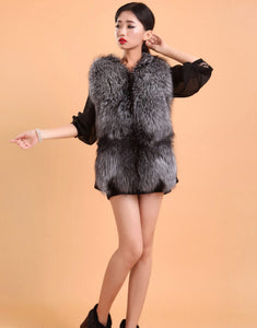 Natural Silver Fox Fur Vest with Genuine Whole Sheep Leather Fur Vest Jacket