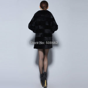 Natural Rabbit Fur Coat Fox Fur Collar Sleeve Cuff Jacket Winter Long Overcoat