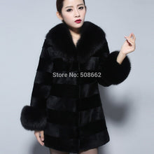 Load image into Gallery viewer, Natural Rabbit Fur Coat Fox Fur Collar Sleeve Cuff Jacket Winter Long Overcoat