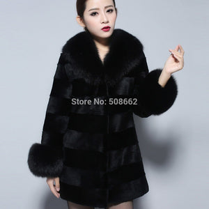 Natural Rabbit Fur Coat Fox Fur Collar Sleeve Cuff Jacket Winter Long Overcoat