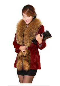 Natural Rabbit Fur Coat Supper Big Raccoon Fur Collar Women Overcoat
