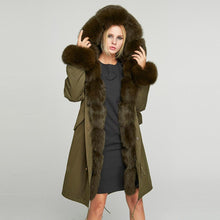 Load image into Gallery viewer, Fur Story FS18113 Women&#39;s Windproof Long Parka Detachable Rabbit Fur Lining Big Hood Jacket Fur Cuffs and Placket