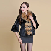 Load image into Gallery viewer, Real Rabbit Fur Coat Raccoondog Fur Collar with Hood Overcoat Jacket Waistcoat 7colors Short Version FS13073